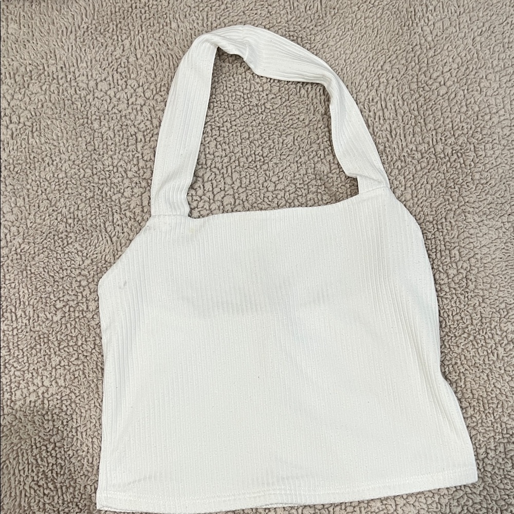 TeenBell White Ribbed Halter Crop Tank